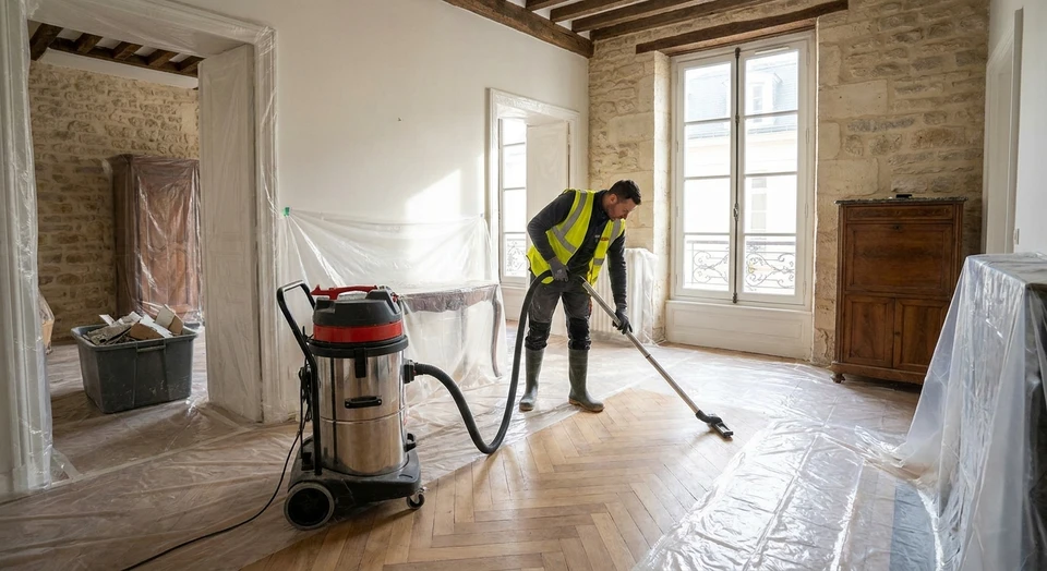 Photographie d'un int&eacute;rieur de maison en r&eacute;novation montrant un espace de travail propre et organis&eacute; avec des protections plastiques sur les sols et mobilier, des gravats conteneuris&eacute;s, et un ouvrier en tenue de chantier effectuant le nettoyage quotidien avec un balai ou aspirateur, d&eacute;montrant l'exigence de propret&eacute; sur un chantier b&acirc;timent actif.