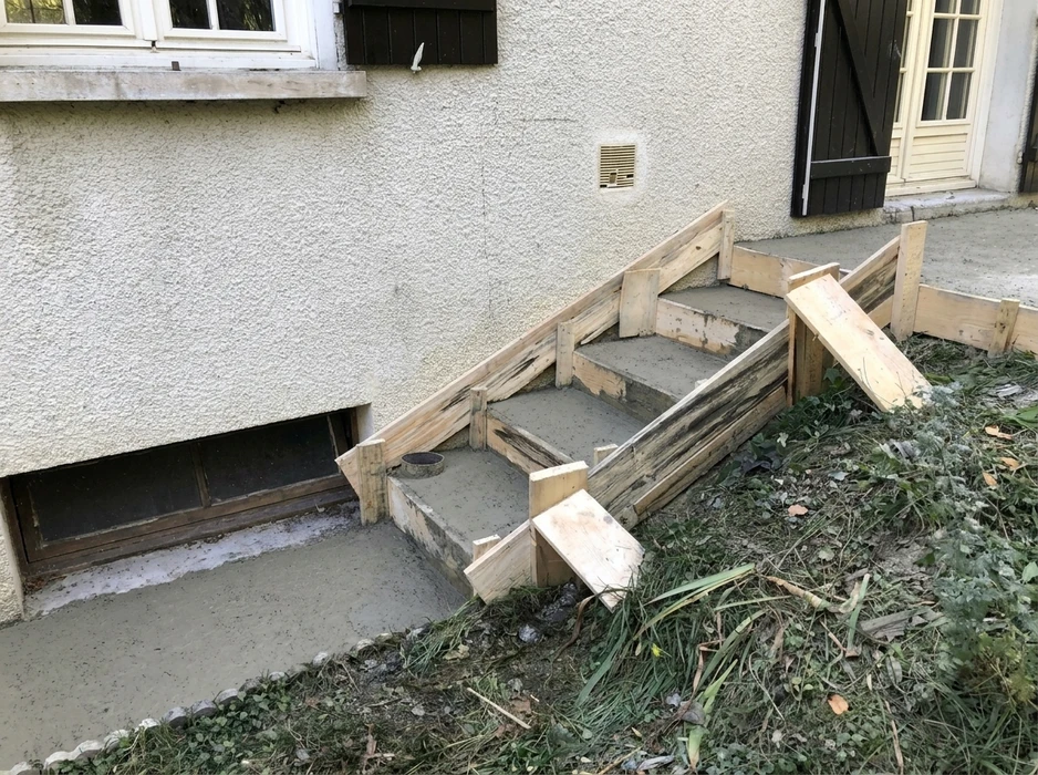 Escalier extérieur en béton fraîchement coulé, avec coffrage en bois brut encore en place