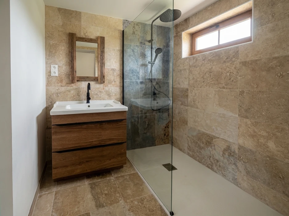 Salle de bain moderne avec douche à l'italienne, vasque encastrée sur meuble sous-vasque en bois massif, robinet noir mat, miroir cadre bois brut