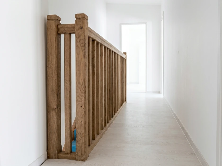 Couloir intérieur lumineux avec garde-corps en chêne massif