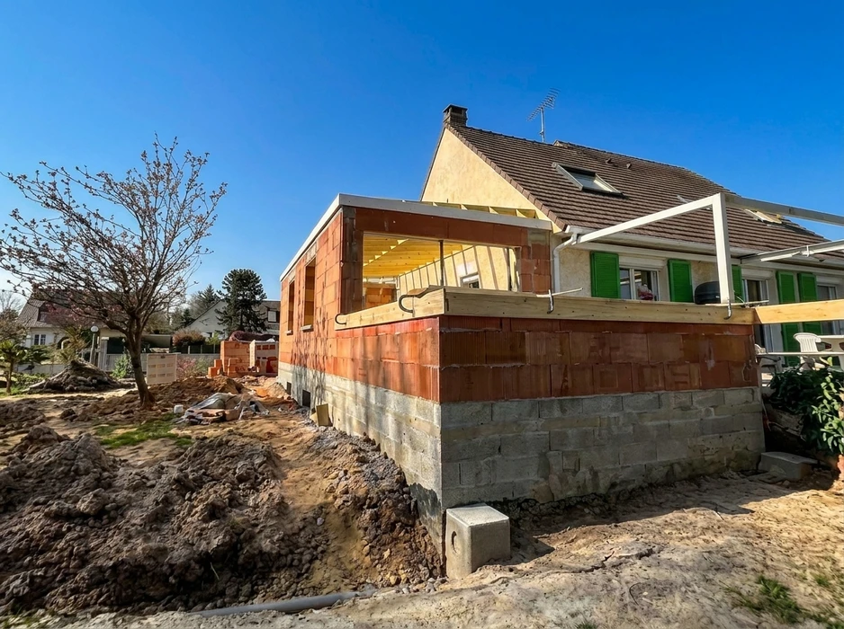 Extension de maison en cours de construction, accolée à un pavillon existant