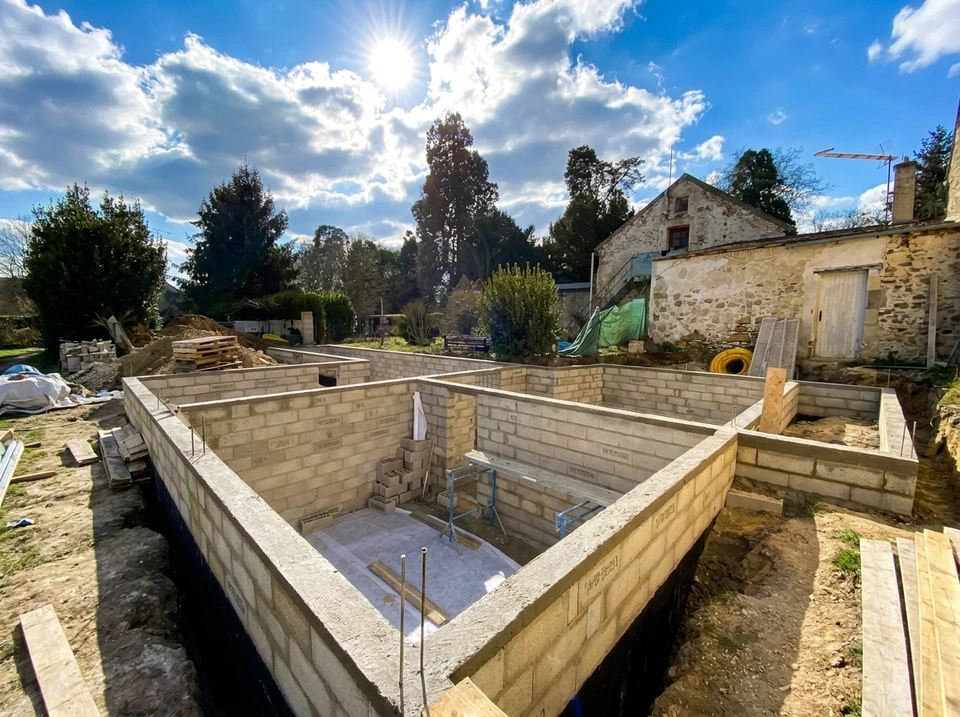 Chantier de construction résidentielle en phase de fondation avec ouvriers posant des blocs de béton