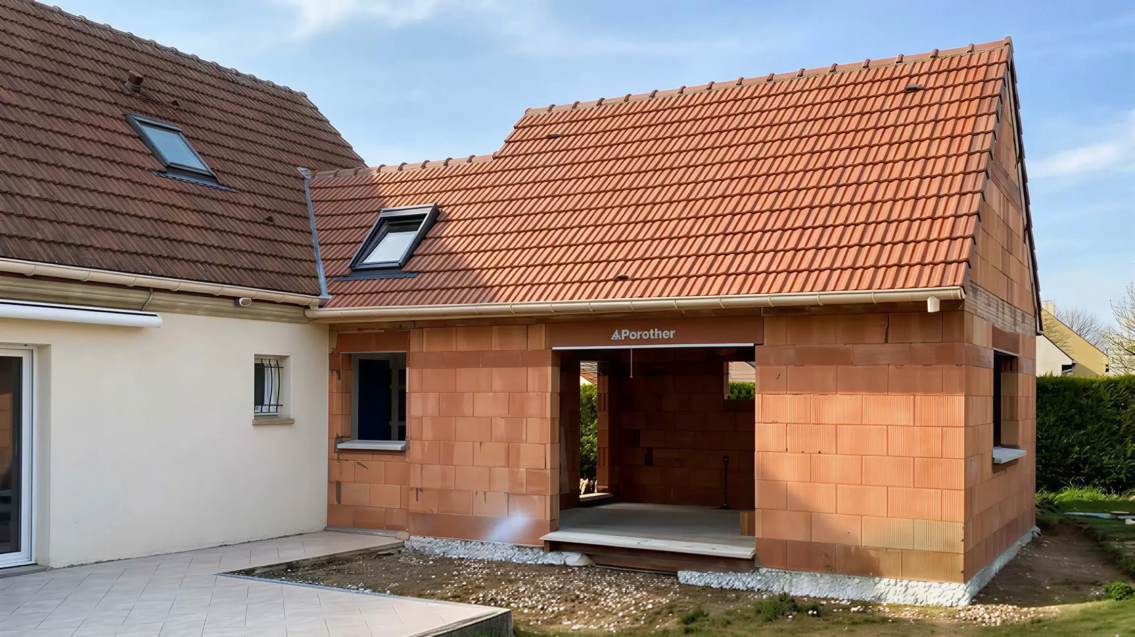 Chantier de construction extérieur avec ouvrier en casque jaune coulant du béton depuis une benne à béton jaune sur ferraillage