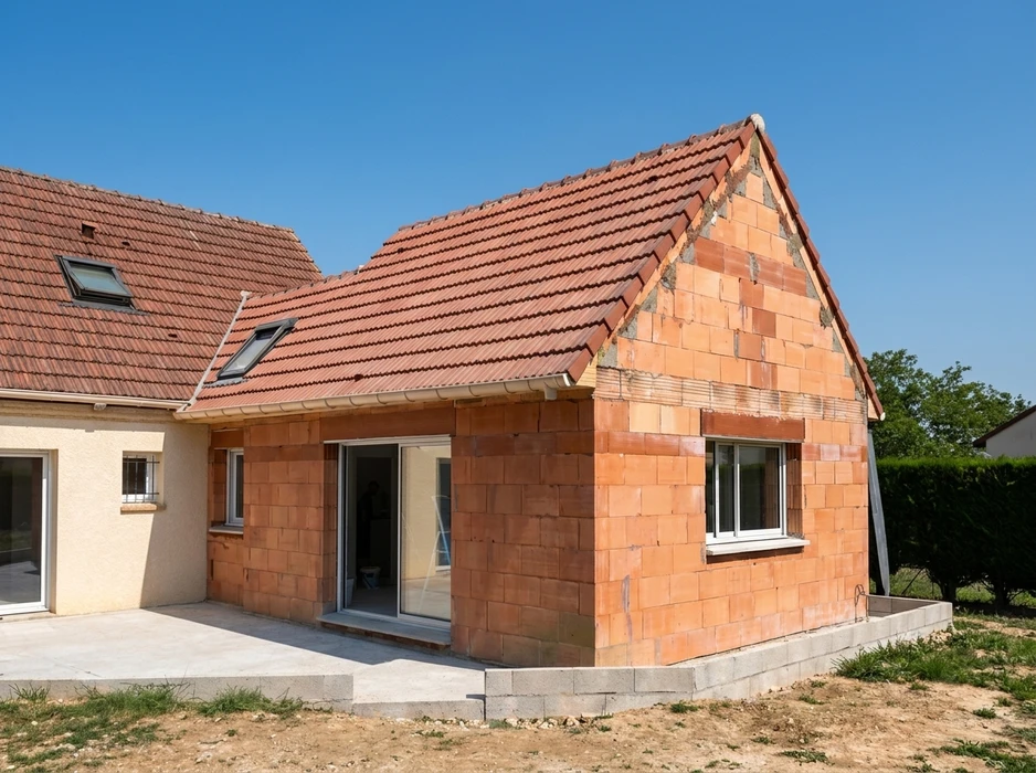 Façade en pierre de taille et moellons calcaires d'une maison de village française à deux étages, en cours de rénovation