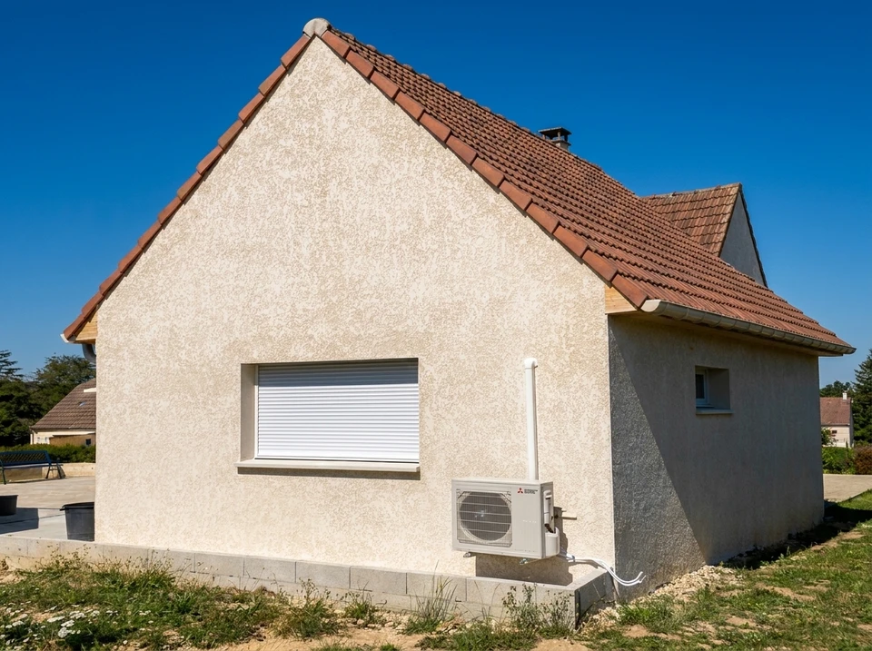 Chantier de construction résidentielle en extérieur avec dalle béton fraîchement coulée et structure bois en cours d'érection