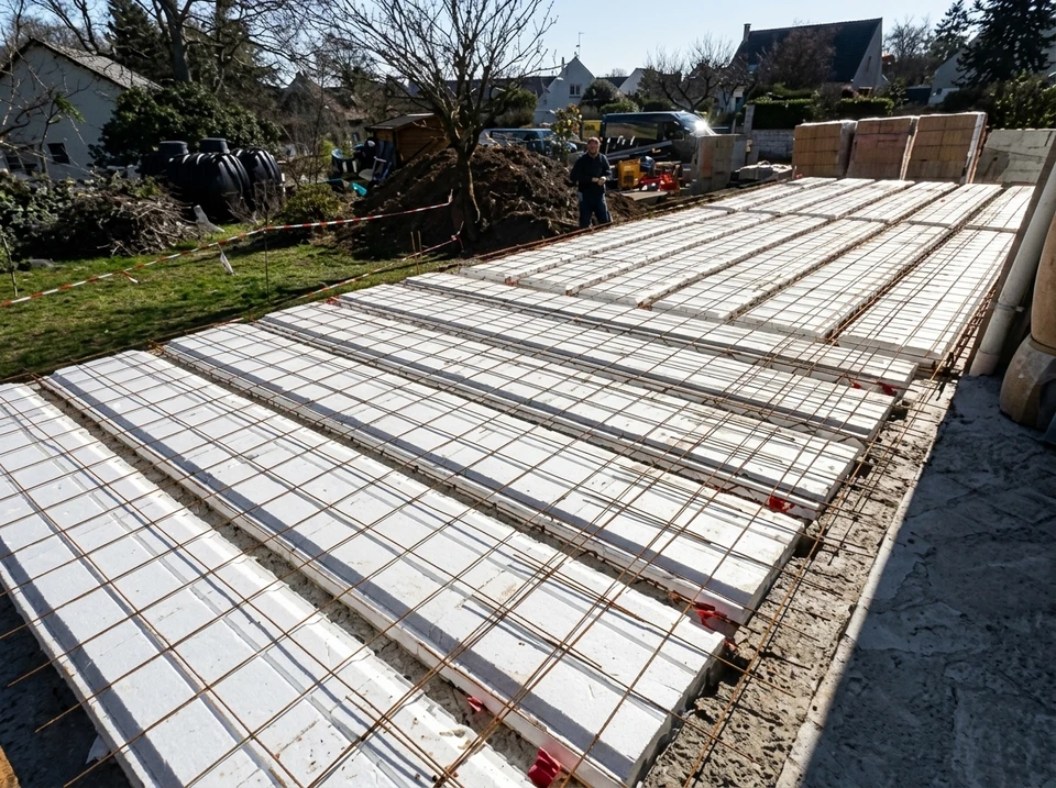 Chantier de construction résidentielle avec dalle béton fraîchement coulée au premier plan et maisons individuelles en briques en arrière-plan