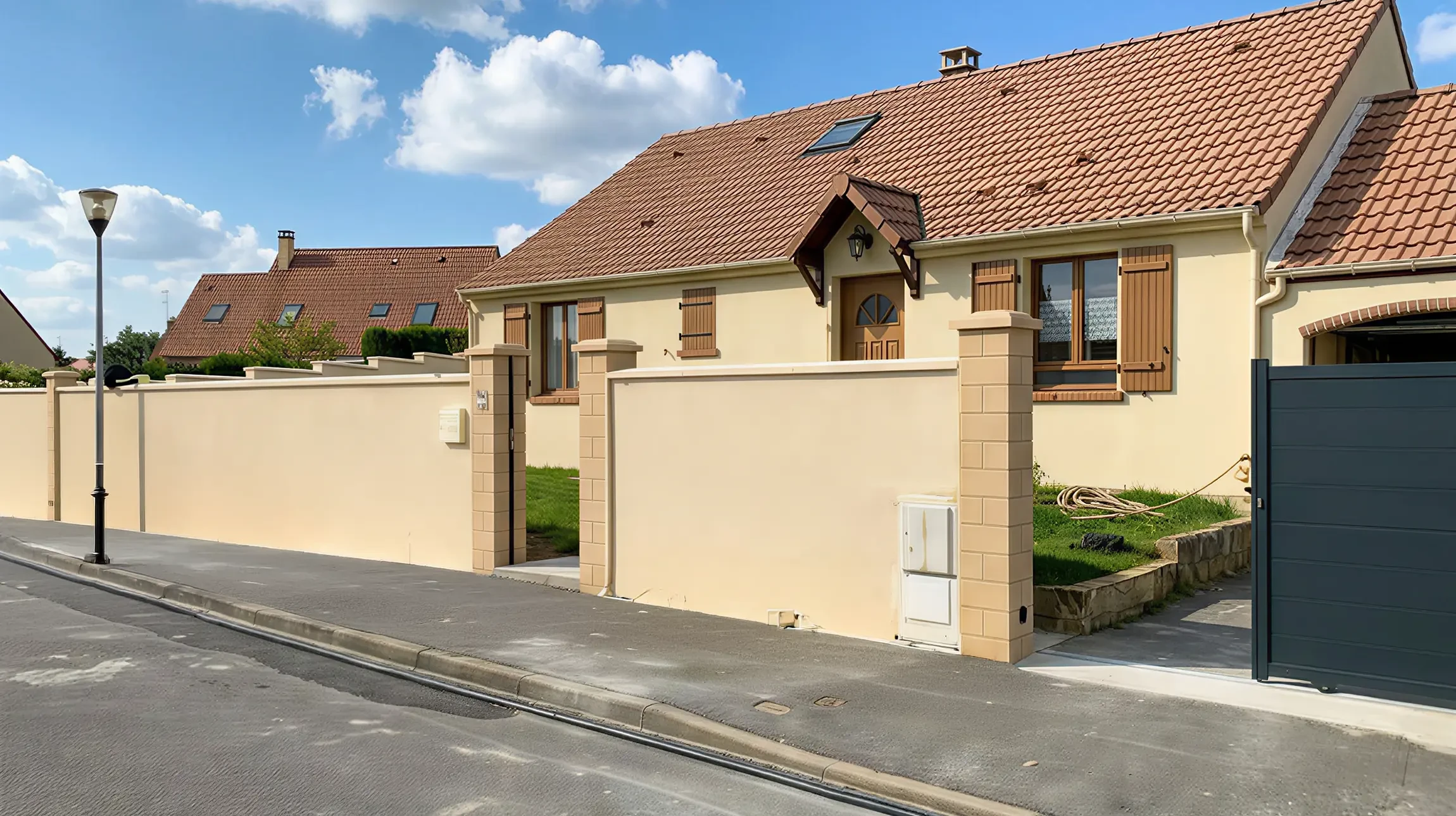 Chantier de construction résidentielle avec fondations en béton coulé et maison à ossature bois en cours d'édification