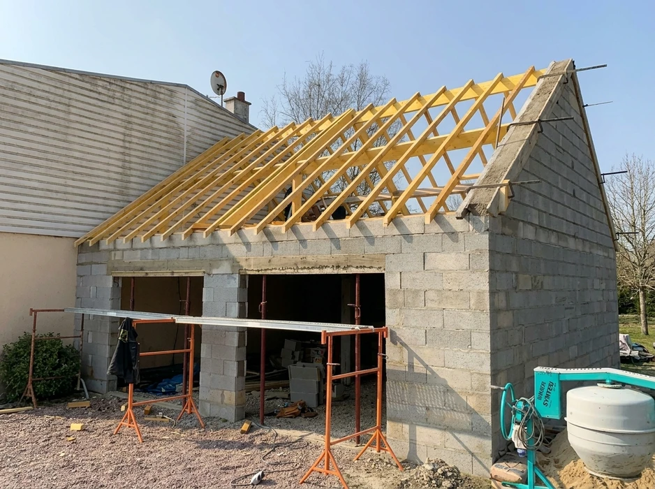 Deux maçons travaillent en extérieur sur la rénovation d'une façade en pierre calcaire