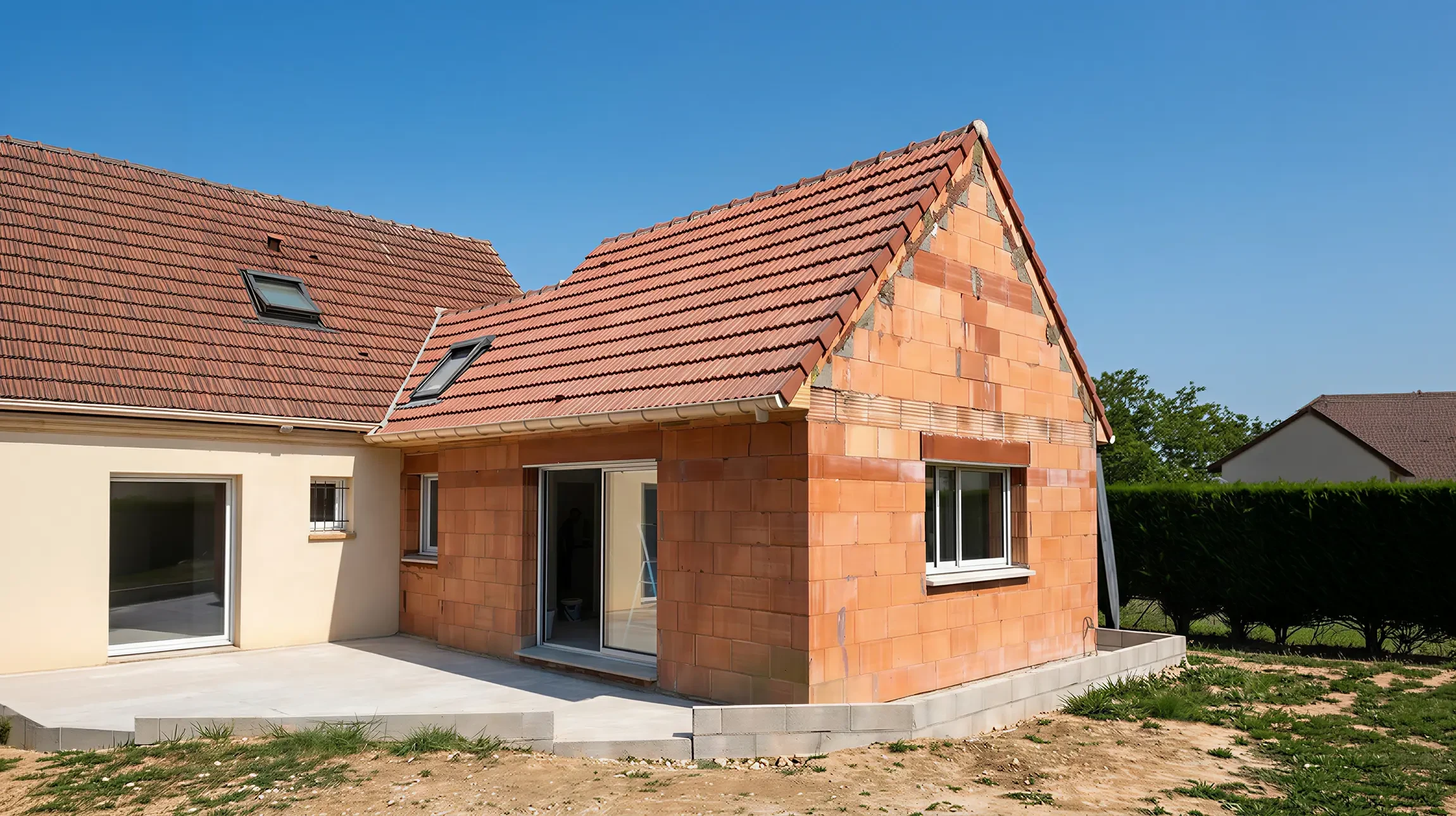 Chantier ext&eacute;rieur avec ouvrier en salopette bleue lissant une dalle de b&eacute;ton fra&icirc;chement coul&eacute;e &agrave; l'aide d'une taloche