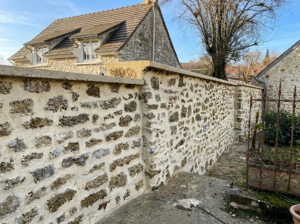 Ouvrier en tenue rouge et salopette beige pose des blocs de béton cellulaire dans un bâtiment en construction